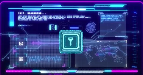 Pulsating neon key icon glowing within digital interface with world map overlay Stock Photos