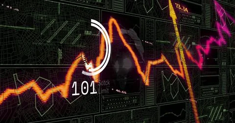 Pulsating orange line graph rising, falling across tiled dashboard, showing HUD Stock Illustration