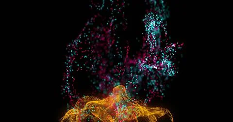 Pulsating orange mesh forming waves in digital void, with swirling cyan and 스톡 사진