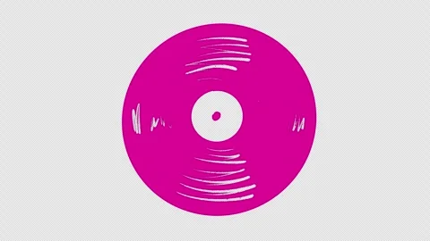 A pulsating pink treble clef turns into a music record and spins on a black Video stock 300615411