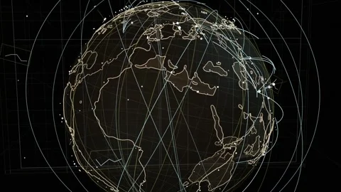 On pulse 3D globe rotating beams sweeping nodes appearing showing data flow Stock Footage 334727241