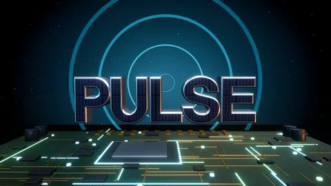 PULSE 3D Text with Signal Waves on a Circuit Board Stock Illustration