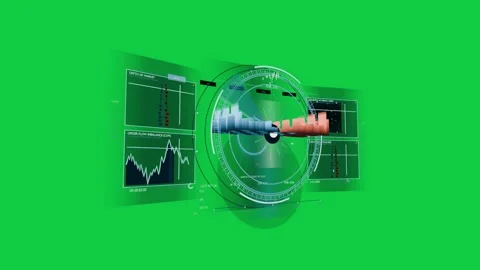 Pulse activating HUD rotating sweep, bars rising upright, tracking market on Stock Footage 341905194