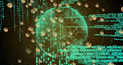 Pulse causing teal globe rotating while gold B coins orbiting, code streaming, Stock Footage 328396339