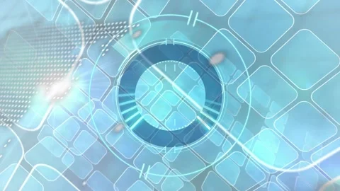 Pulse center HUD rotating radial lighting dotted map forming grid turning text Stock Footage 328657108