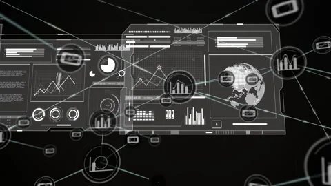 Pulse expanding from central node, HUD panels sliding and linking nodes while 스톡 동영상 328485498