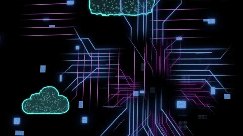 Pulse initiating neon cloud icons emerging streaming pixels, code into vertical Stockbeeldmateriaal 335739705