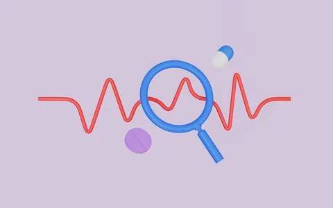 Pulse line with magnifying glass, Pulse beat measure, Single heartbeat Stock Illustration