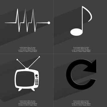 Pulse, Note sign, Retro TV, Reload icon. Symbols with long shadow. Flat design Stock Illustration