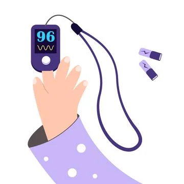 Pulse oximeter on finger. Digital device to measure oxygen saturation. Vector Stock Illustration