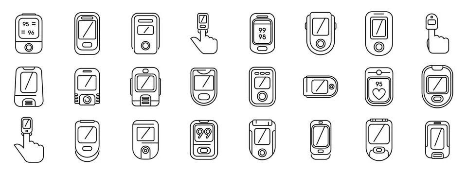Pulse oximeter icons set vector. A collection of cell phones and watches with a Illustrazione stock