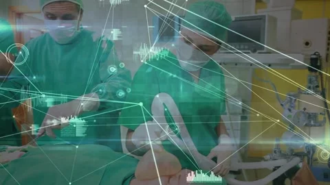 Pulse rates and medical data with networks connects over caucasian surgeons Stock Footage 330473846