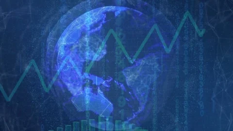 Pulse starting holo globe rotating lines pulsing teal graph drawing bars rising Stock Footage 334202764