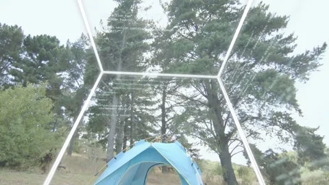 Pulse starting mesh dome over blue tent, projecting code to map camp, view Stock Footage 333510592