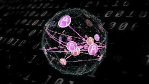 Pulse starting mesh globe rotating, user icons pulsing and packets moving to Stock Footage 334768454
