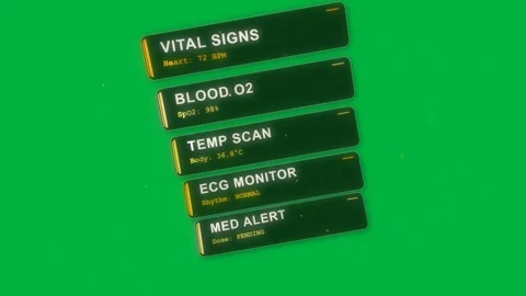 Pulse-triggered HUD stack sliding, rotating, pulsing to show live vitals on Stock Footage 329503504