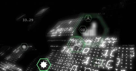 Pulsing 3D binary grid rippling in virtual data space, with floating green hex Illustrazione stock