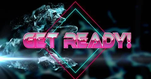 Pulsing 3D GET READY! text glowing at digital studio, with neon diamond frames, 库存照片