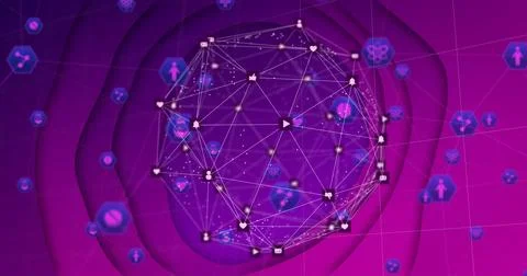 Pulsing 3D wireframe network sphere rotating in virtual 3D space, with glowing Illustrazione stock