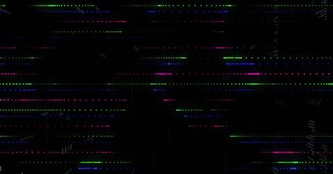Pulsing abstract glitch pattern spanning black display, with multicolored lines 写真素材