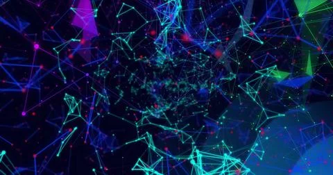 Pulsing abstract network forming 3D web in dark virtual space, with glowing Stock Illustration