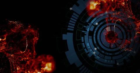 Pulsing blue concentric HUD overlapping black space, showing red nebula filam Stock Illustration