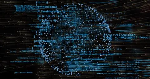 Pulsing blue data-point globe rotating in virtual space, streaming source-code Stock Illustration