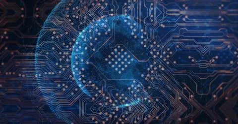 Pulsing blue data sphere glowing with dot matrix in virtual circuit scene with Stock Illustration