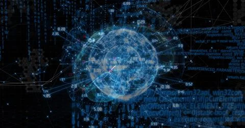 Pulsing blue data sphere linking nodes, displaying numeric labels and code Stock Photos