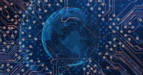 Pulsing blue digital globe sending data signals across virtual network backdrop イラスト素材