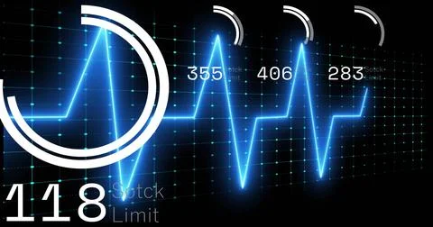 Pulsing blue ECG waveform moving across monitor, showing cyan grid, gauges, r Stock Illustration