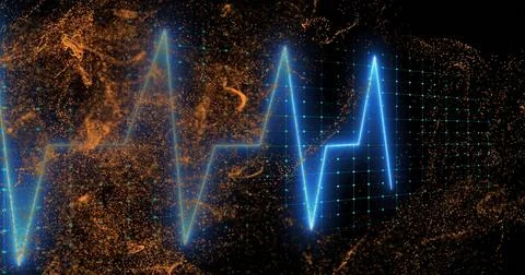 Pulsing blue electrocardiogram waveform hovering over 3D grid, with Stock Illustration