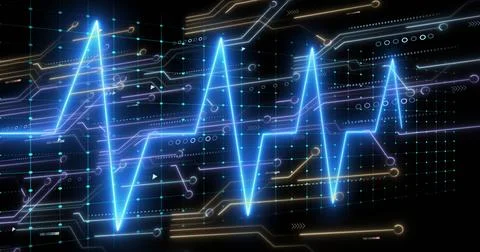 Pulsing blue neon waveform oscillating on futuristic interface, with circuit 스톡 일러스트