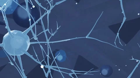 Pulsing blue orbs causing pale-blue soma branches swaying with beads on navy Vídeo Stock 337964557