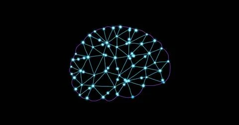 Pulsing brain-shaped network glowing on black background, with cyan-to-violet 스톡 사진