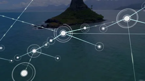 Pulsing bright node initiating lines, connecting nodes over ocean toward island, Stock Footage 323119057
