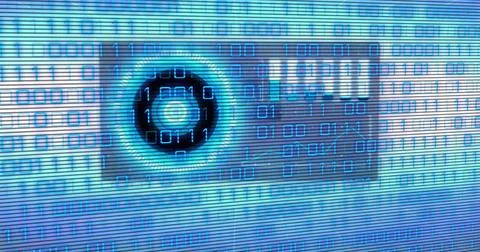 Pulsing camera lens centered on cybersecurity dashboard, showing cyan ring, Stockillustratie
