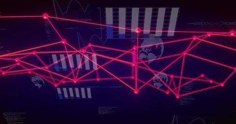 Pulsing center network linking glowing magenta nodes and lines across dashboard 스톡 일러스트