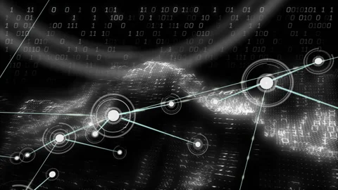 Pulsing center node emerging on dark digital plane sparking network links and Stock Footage 310406249