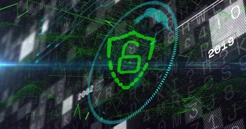 Pulsing centered green shield showing stylized lock 6, rotating in cyberspace Stock Illustration