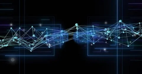 Pulsing centered horizontal data network moving on black canvas, showing cyan Stock Illustration