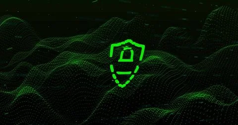 Pulsing centered neon-green shield icon hovering over virtual point-cloud Stockillustratie