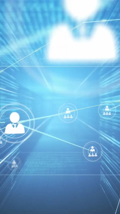 Pulsing central avatar node wearing tie expanding network lines in blue data Stock Footage 331168694