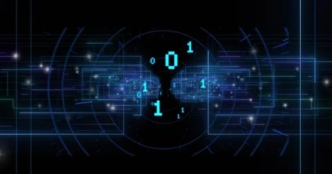 Pulsing central binary core sending turquoise digits through virtual network, Stock Illustration