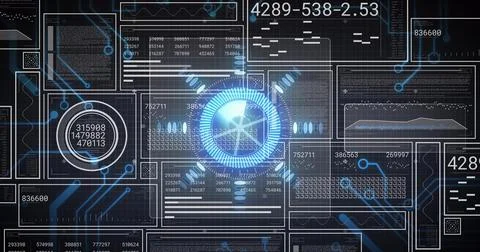 Pulsing central blue circular gauge projecting data on dark grid, with data Stock Illustration