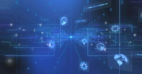 Pulsing central bright point sending converging data lines in digital corridor, Stock Illustration