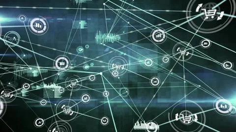 Pulsing central cart glyph activating network nodes sending data across teal Stock Footage 331712902