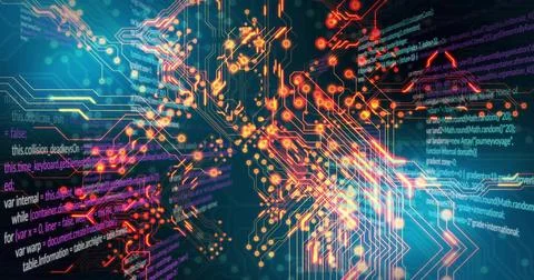 Pulsing central circuit network flowing over virtual gradient, showing glowing 스톡 일러스트