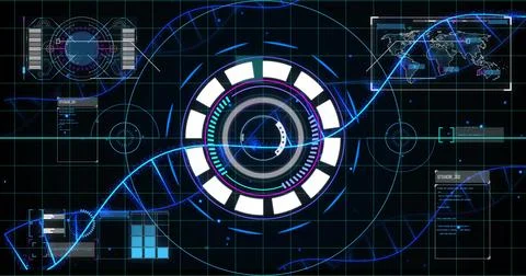 Pulsing central circular HUD interface highlighting virtual display, with neon 스톡 일러스트