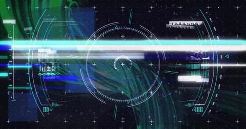 Pulsing central circular HUD reticle scanning virtual cockpit, with scanline, Stock Illustration